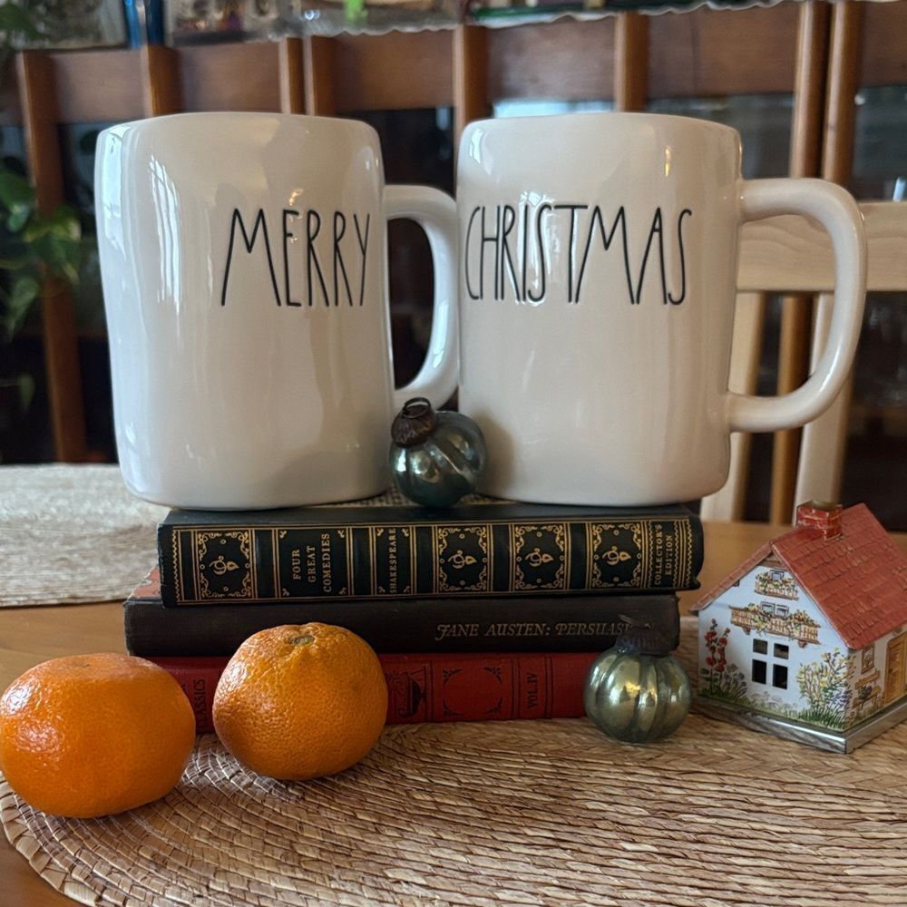 Rae Dunn “Merry Christmas” White Mugs Set of Two (2)